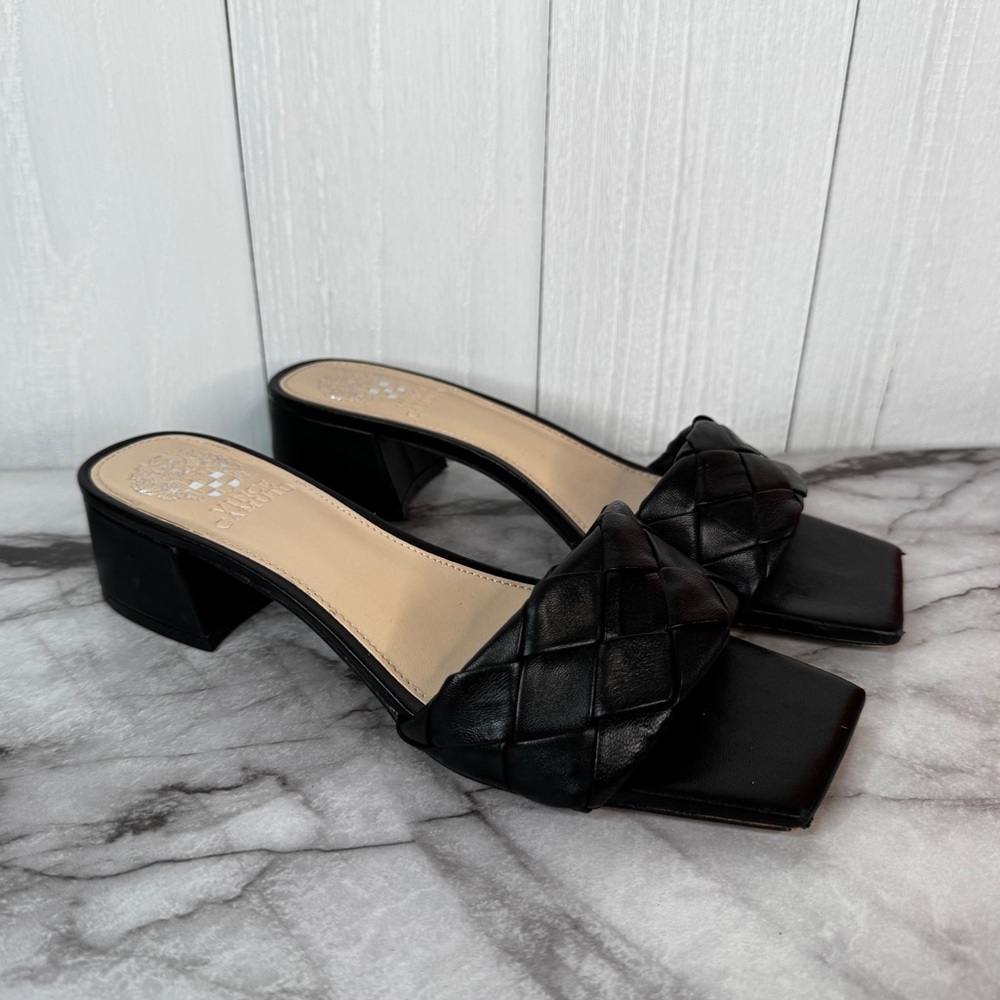 Vince Camuto Semtera Black Woven Block Heel Slide Sandal